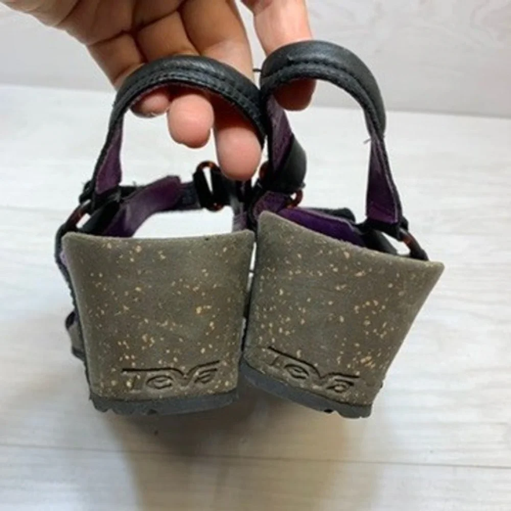 Teva Womens 11 Kayenta Wedge Sandals‎ Strappy Leather Black Purple 1002370